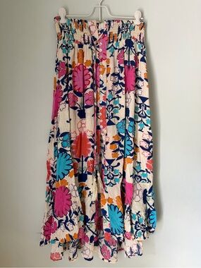 Rachel Roy Boho Floral Maxi Skirt Smocked Waist Button Front Rayon L